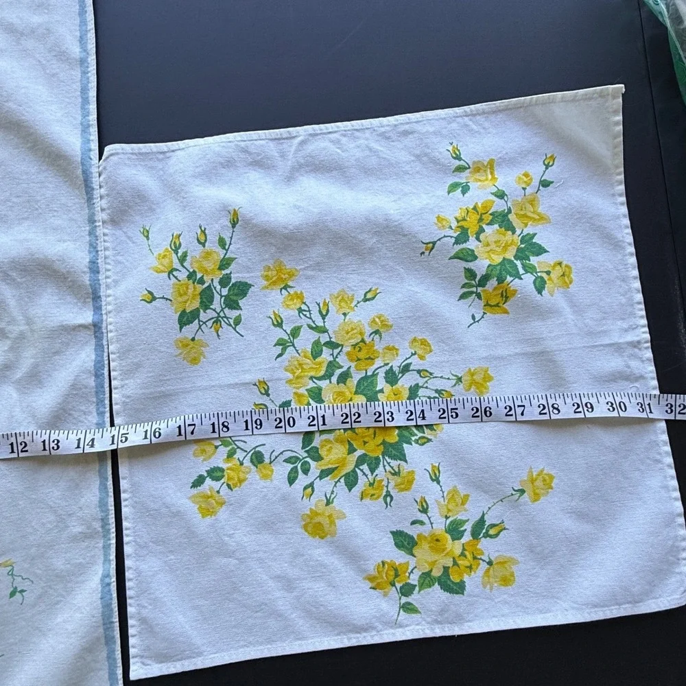 Vintage Floral Tea Towel Set Yellow Pink Blue Roses Kitchen Linens 2 Piece
